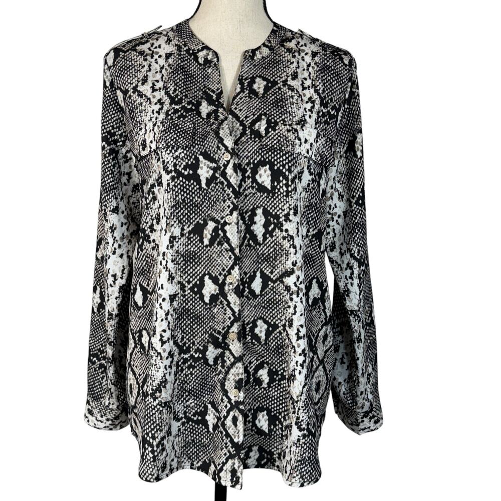 Calvin Klein Medium Top Button-Up Snake Print Long Sleeve Pockets V-Neck Black